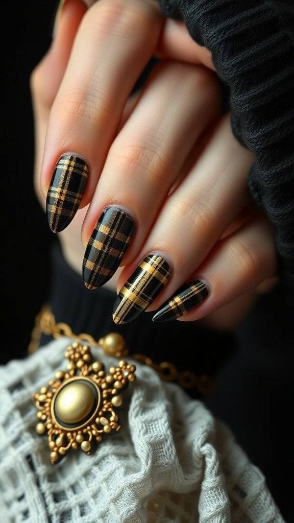 Nail art featuring classic black and gold plaid patterns with a gem accent