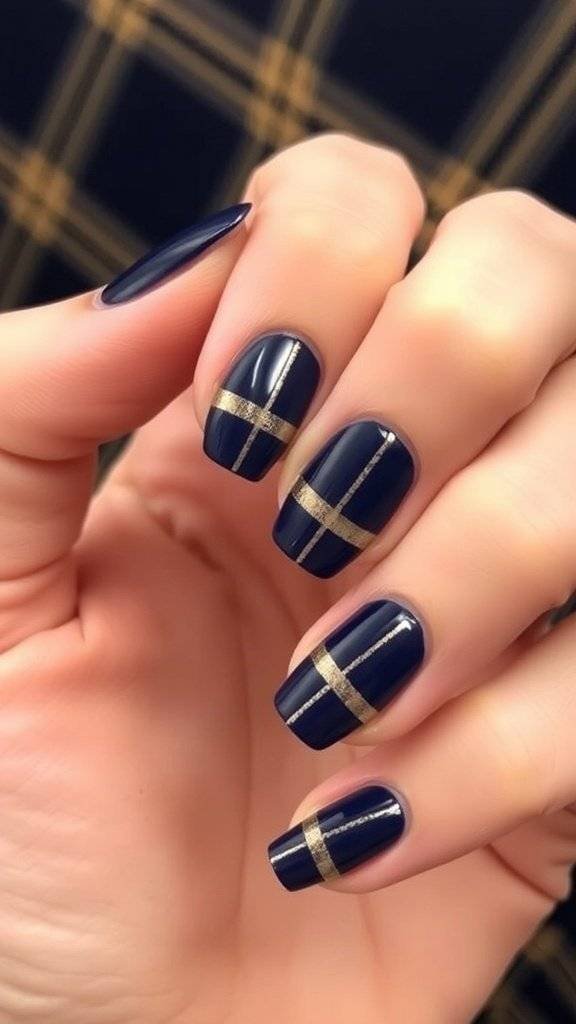 Navy blue and champagne gold plaid patterns nail art on fingers
