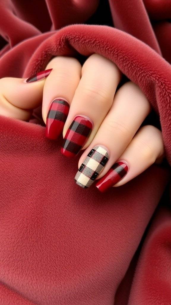 Nail art featuring rich burgundy and cream plaid patterns, inspired by the Great Gatsby era.