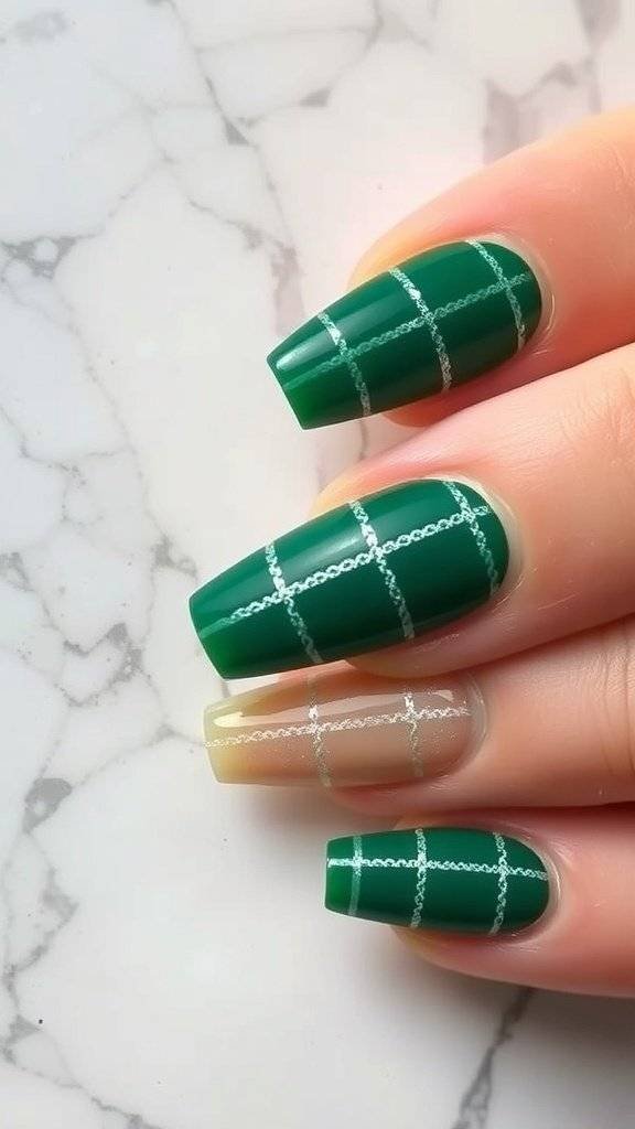 Emerald green plaid nail art with silver accents