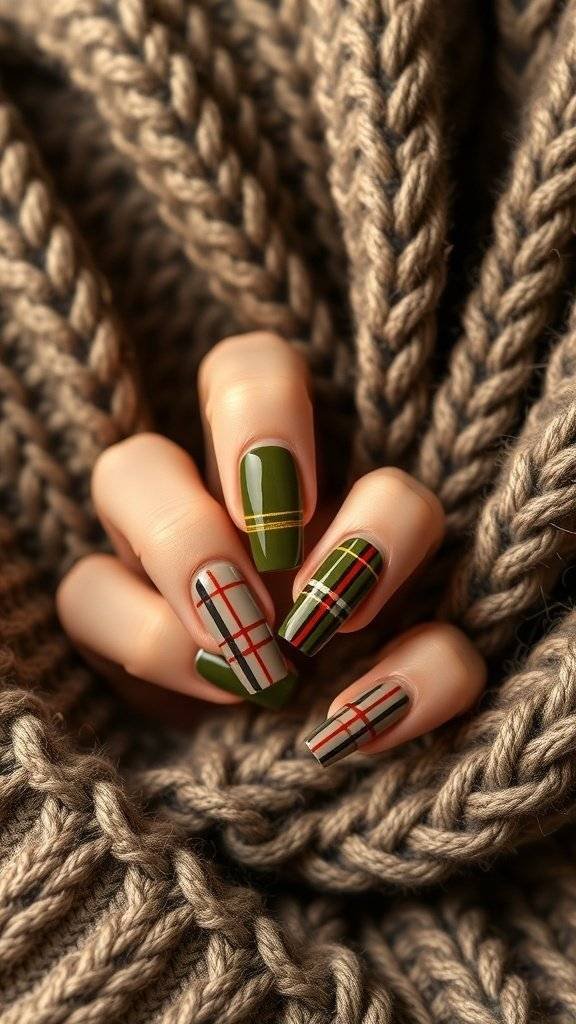 Nail art featuring muted olive green and brown plaid patterns, set against a cozy knitted background.