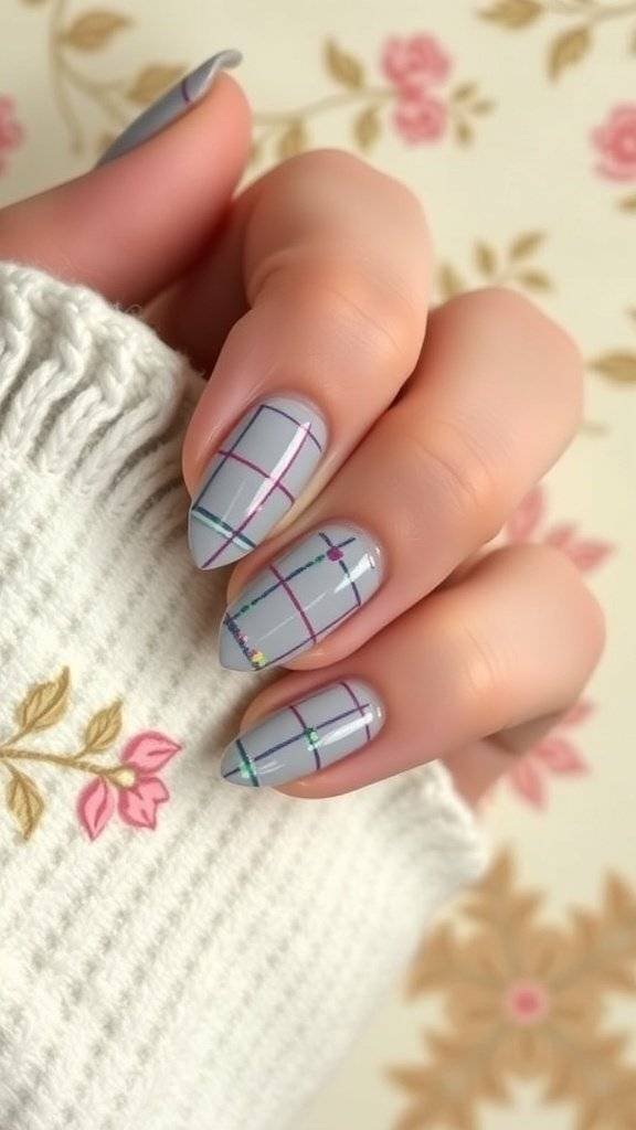 Nail art featuring soft gray plaid patterns with accent colors on a floral background.