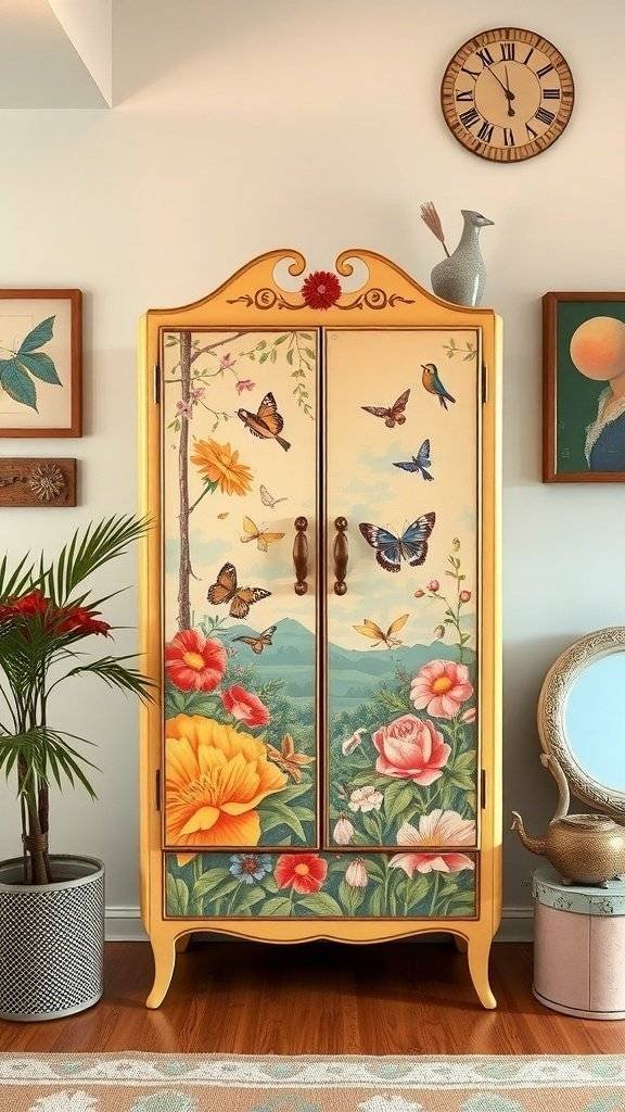 A hand painted armoire featuring floral motifs and butterflies, set in a cozy room with plants and artwork.