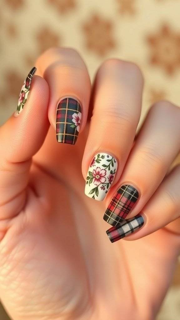 A hand showing nails with a mix of plaid patterns and floral designs, inspired by vintage styles.