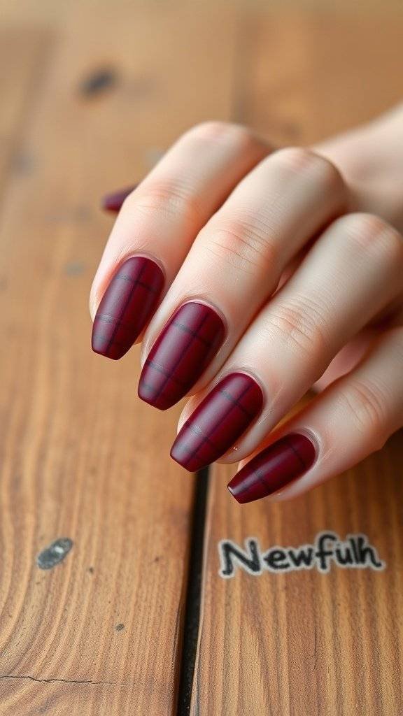 Wine red nail tips arranged on a wooden surface with a matte finish