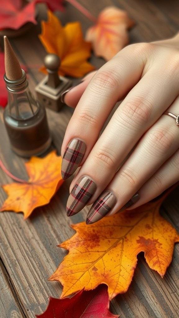 Nail art featuring warm taupe and maroon colors with autumn leaves