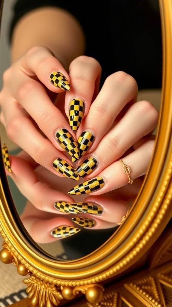 A hand with goldenrod and black checkered nail art displayed in front of an ornate mirror