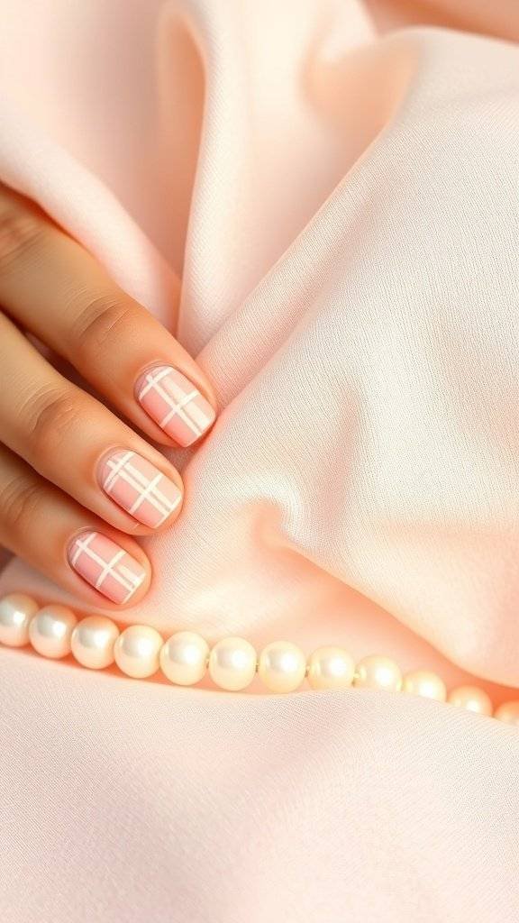 Nail art featuring a peach and cream plaid design on a hand resting on soft fabric with pearls.