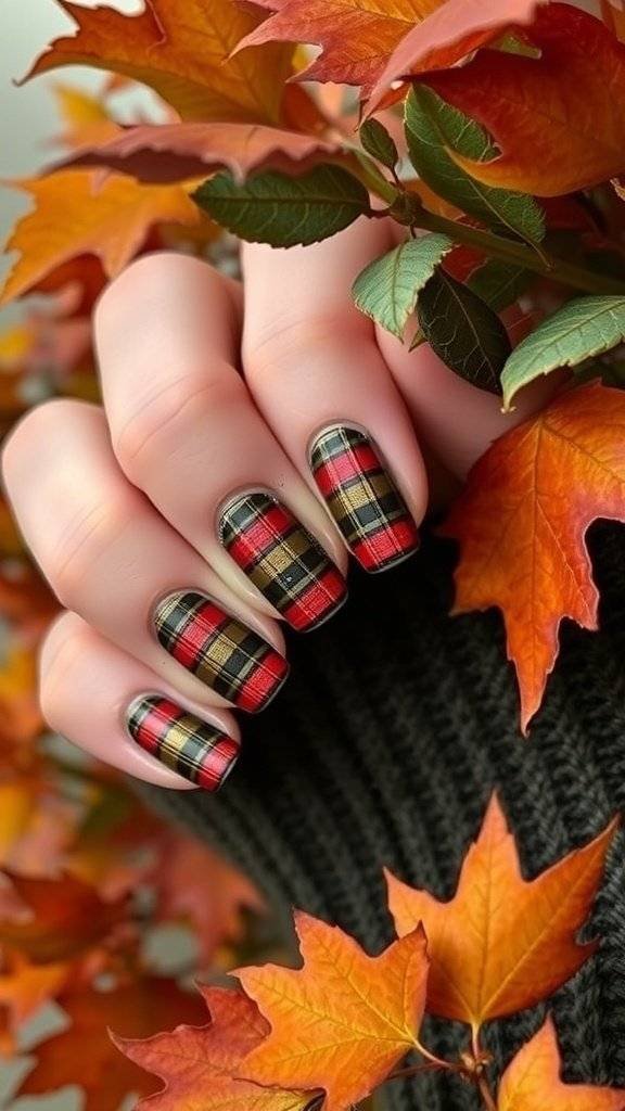 Nail art featuring copper and olive plaid patterns surrounded by autumn leaves.
