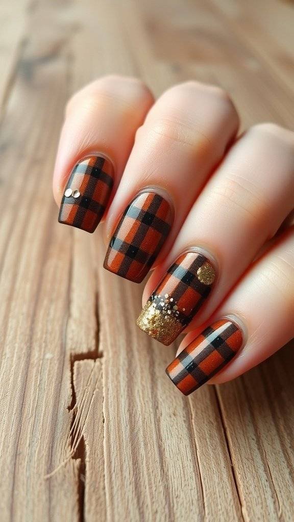 Nail art featuring rustic brown plaid with gold glitter on a wooden surface
