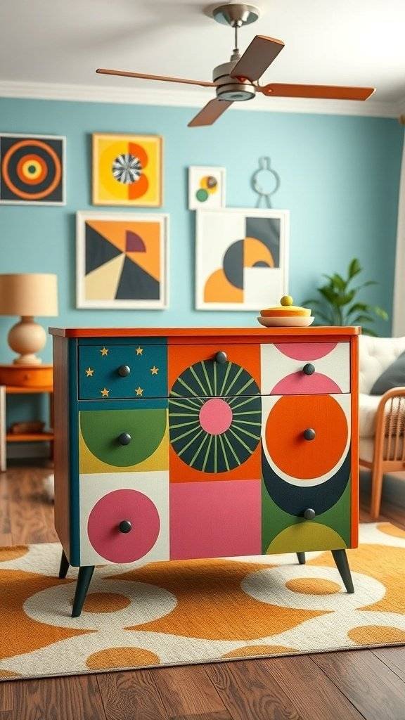 A colorful hand painted dresser with geometric patterns in a stylish interior setting