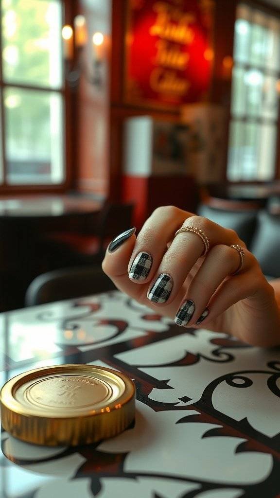 A hand with black and white striped nails resting on a menu, with a bottle of drink nearby.