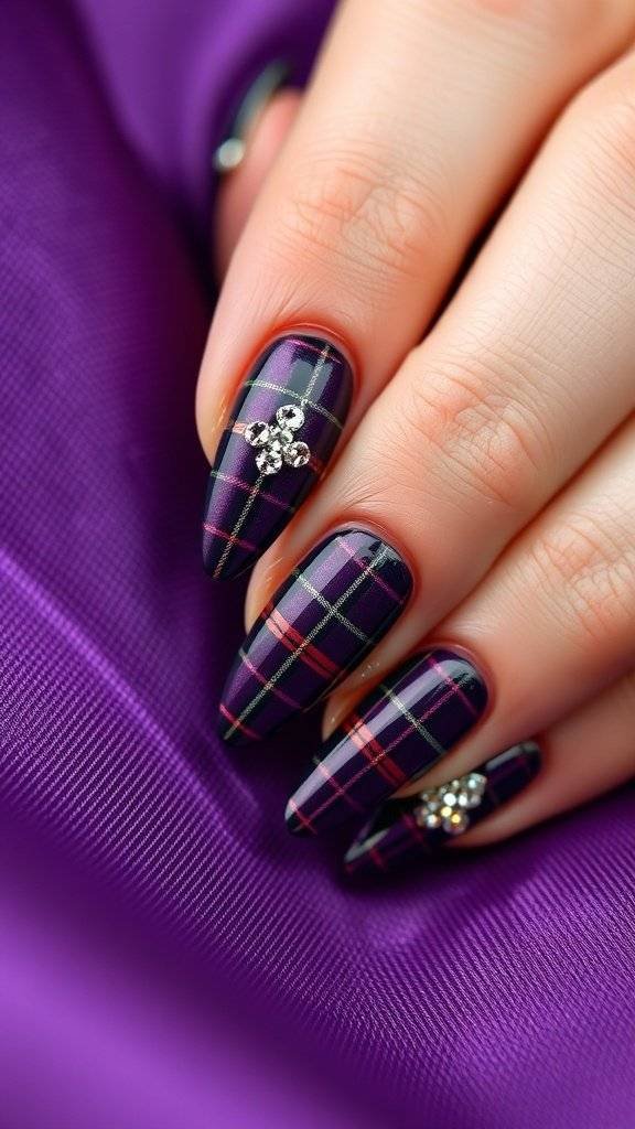 Nail art featuring deep purple plaid patterns with crystal accents.