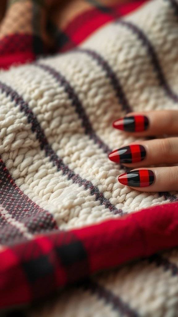 Close-up of nails painted in classic red and black plaid pattern resting on a knitted blanket.