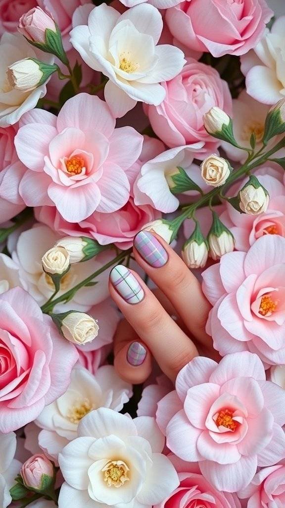 Nails featuring lilac and mint plaid patterns surrounded by pink and white flowers.