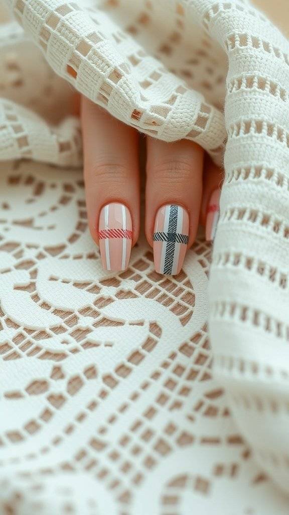 Nail art featuring soft pink and gray plaid patterns on a lace background