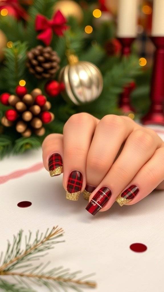 Burgundy and gold glitter plaid nail art displayed on a festive table setting.