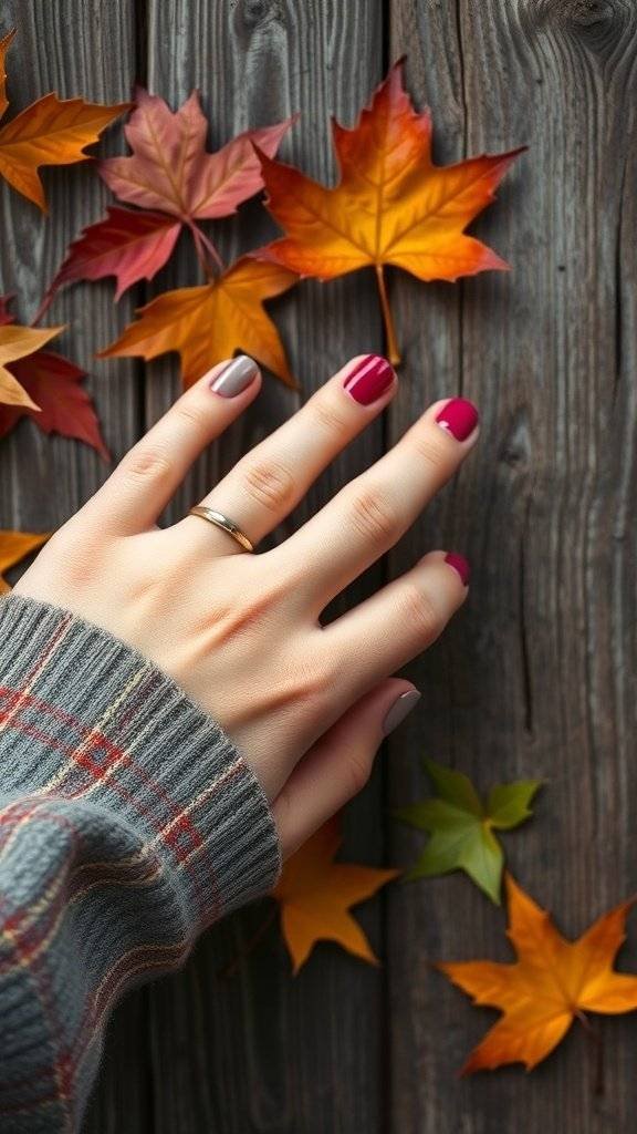 Nail art featuring plaid patterns in autumn colors with fall leaves on a wooden background.