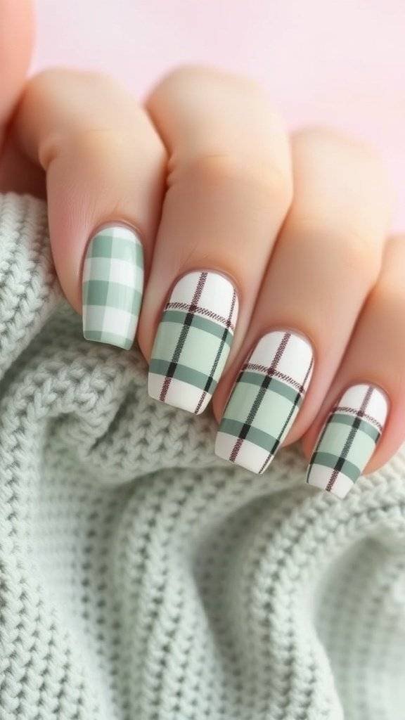 Ivory and sage plaid nail art design with floral elements
