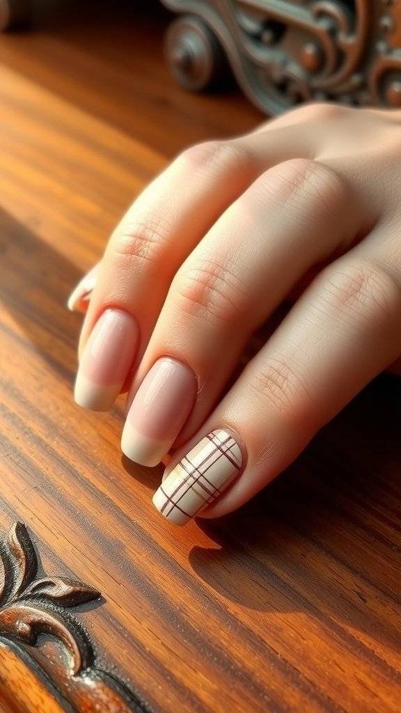 Vintage rose nail art with plaid patterns on a rustic surface