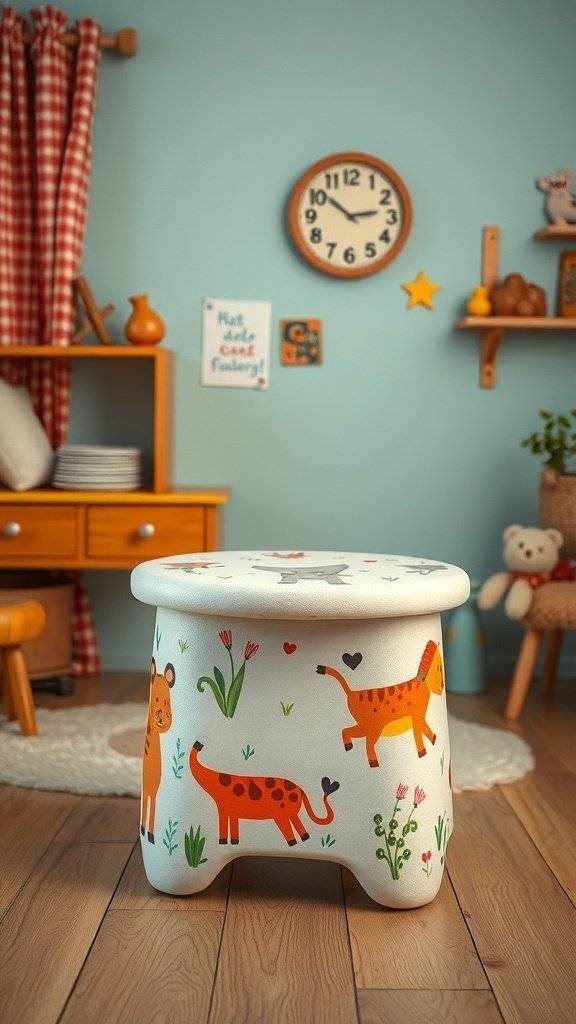 A hand painted stool featuring whimsical animal illustrations, set in a cozy room with a light blue wall and wooden furniture.