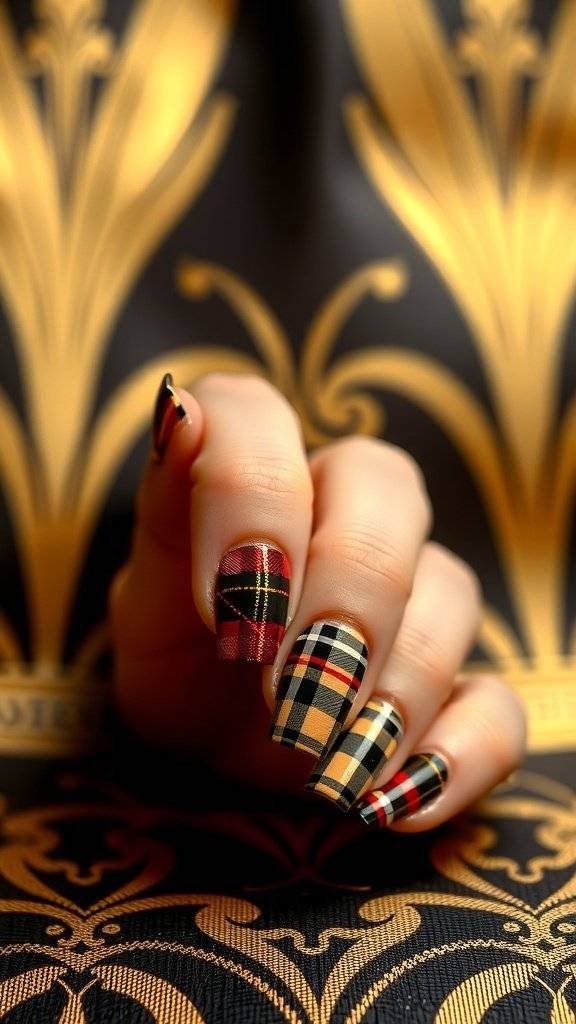 Nail art featuring plaid patterns inspired by the Great Gatsby era, showcasing rich colors and intricate designs.
