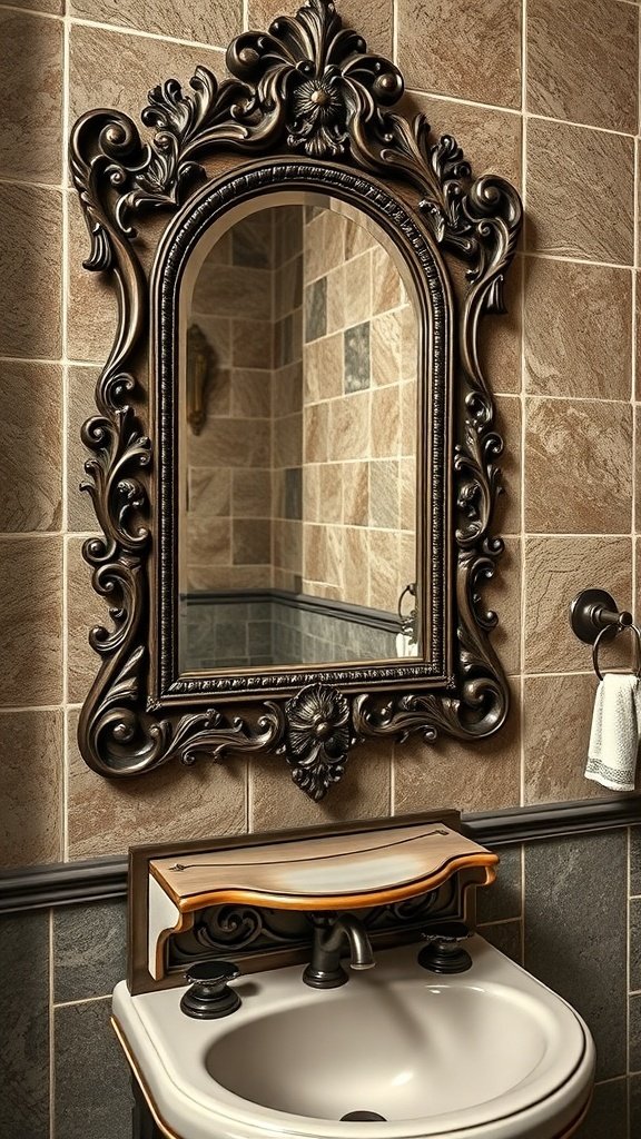 An ornate, art-framed mirror above a sink in a stylish bathroom with stone walls.