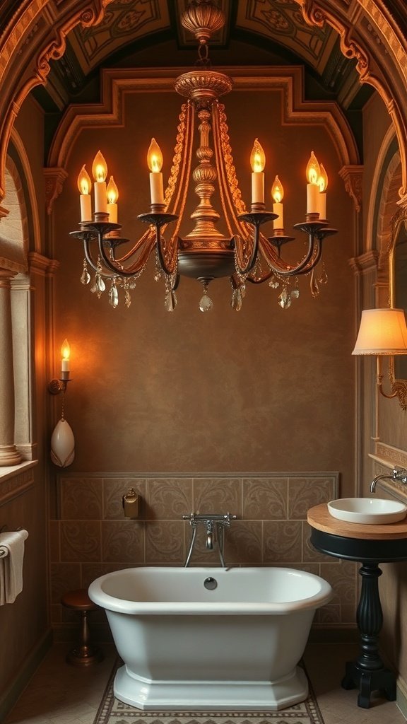 A vintage chandelier and wall sconces illuminate a luxurious bathroom with a clawfoot tub.