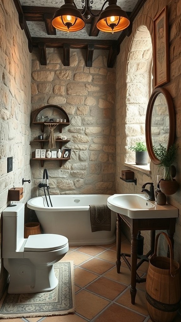 A cozy bathroom featuring stone walls, a clawfoot tub, and warm lighting.