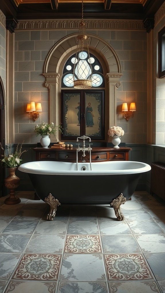 A luxurious bathroom featuring a clawfoot tub, stone walls, and elegant decor.