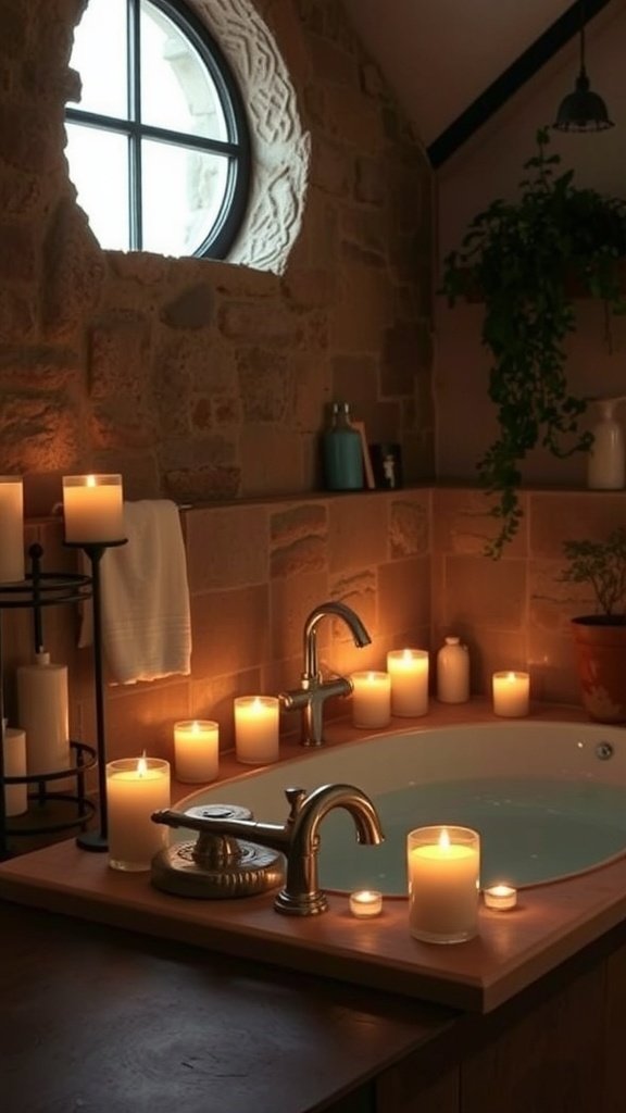 A cozy Castlecore bathroom featuring a clawfoot tub surrounded by candles and stone walls.