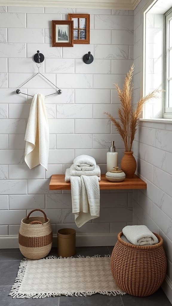A cozy bathroom featuring stone walls, a clawfoot tub, warm towels, and woven baskets.