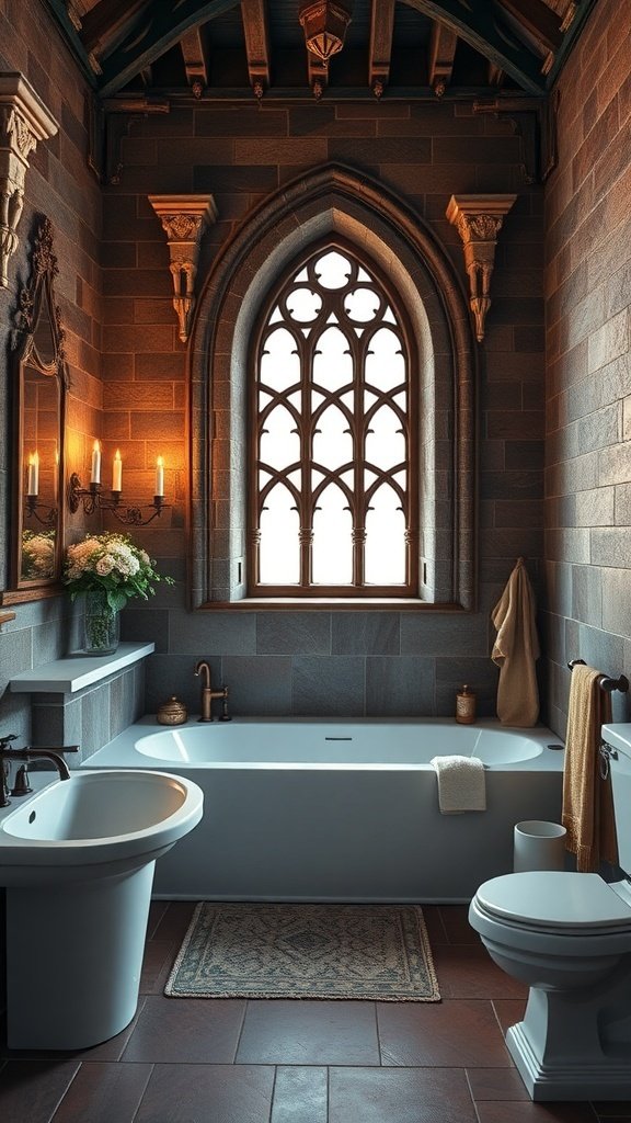 A castlecore bathroom featuring stone walls, a clawfoot tub, and candlelit charm.