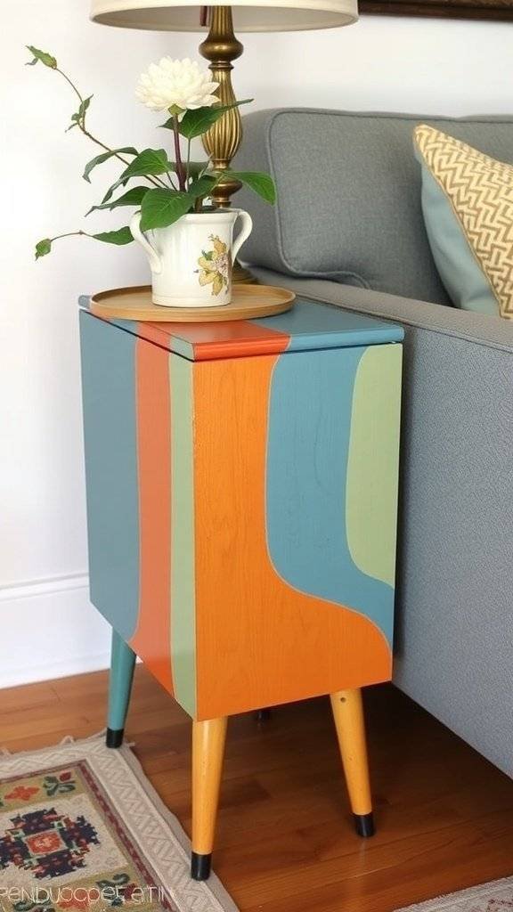 A hand-painted side table with colorful stripes next to a brown couch and a lamp.