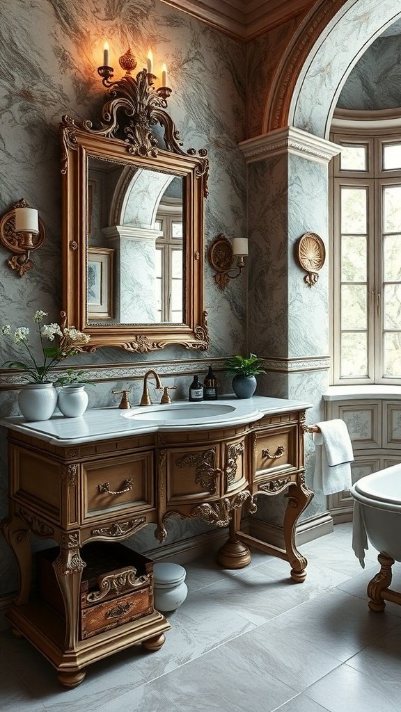 Antique wooden vanity with a marble top and ornate mirror in a stone-walled bathroom.
