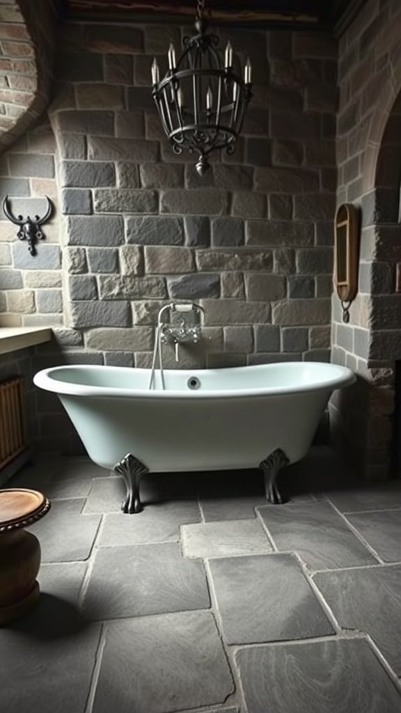 A vintage clawfoot bathtub in a stone-walled bathroom with a chandelier