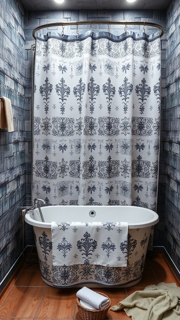 A bathroom featuring a clawfoot tub and a patterned shower curtain against stone walls.