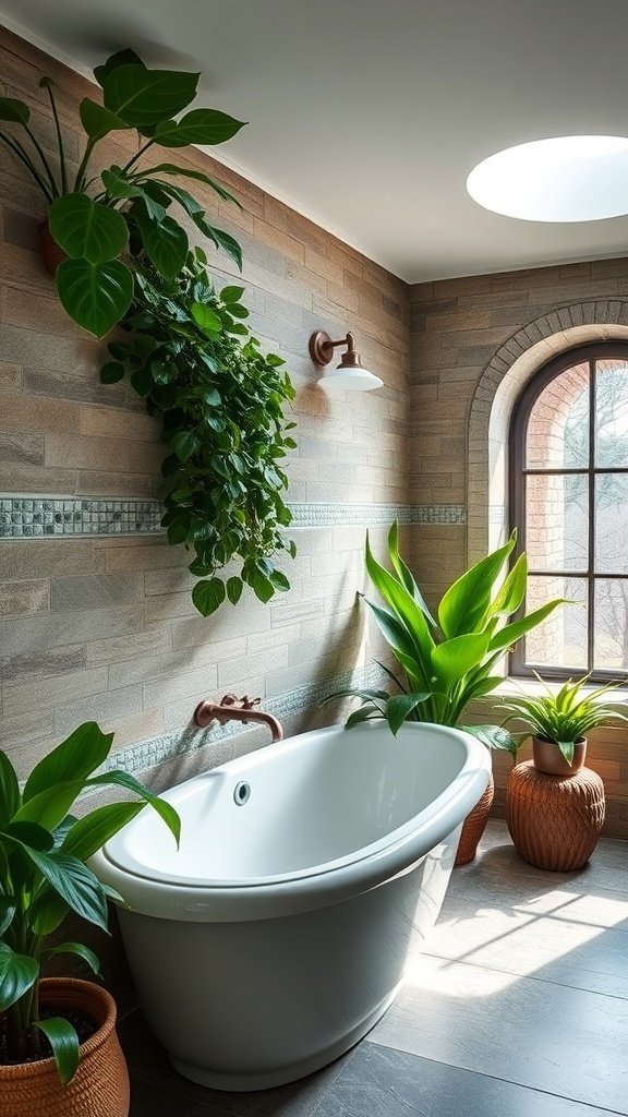 A charming bathroom with stone walls, featuring hanging plants and a clawfoot tub.
