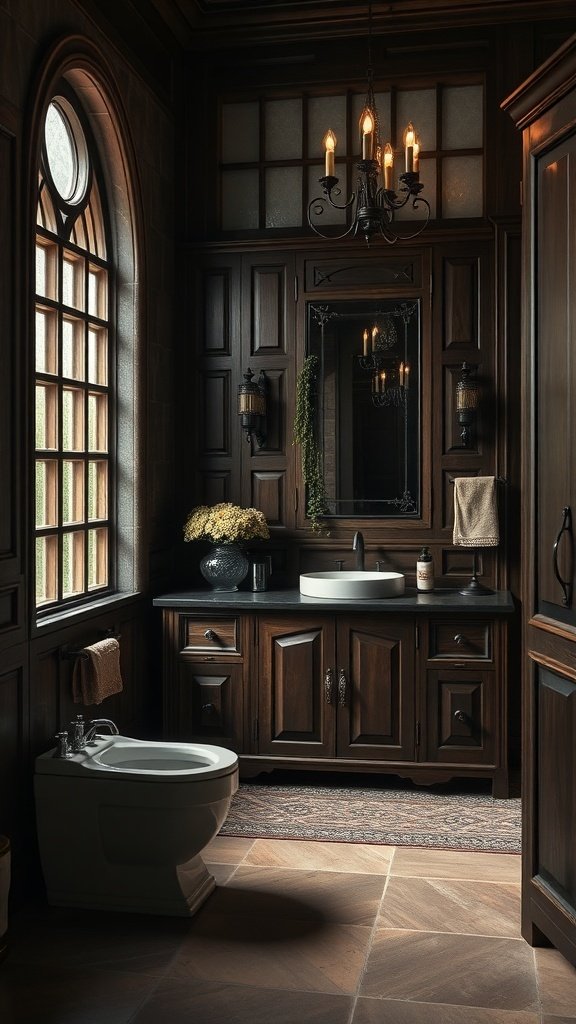 A luxurious bathroom featuring rich wood cabinetry, stone walls, and elegant lighting.