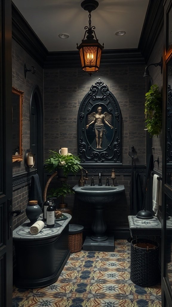 A Gothic-inspired bathroom featuring dark stone walls, a decorative wall feature, a stylish sink, and warm lighting.