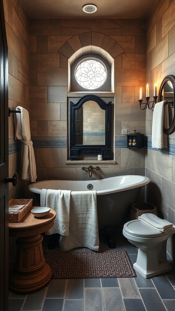 A cozy bathroom with stone walls, a clawfoot tub, and textured linens.
