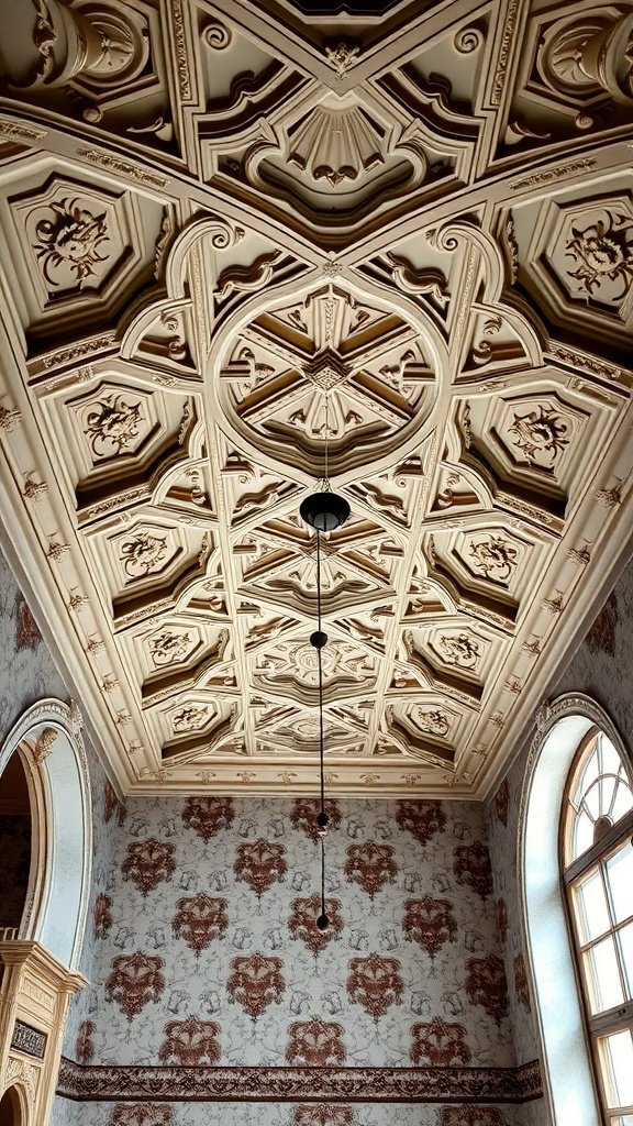 Intricate crown molding on a ceiling in a luxurious bathroom setting.