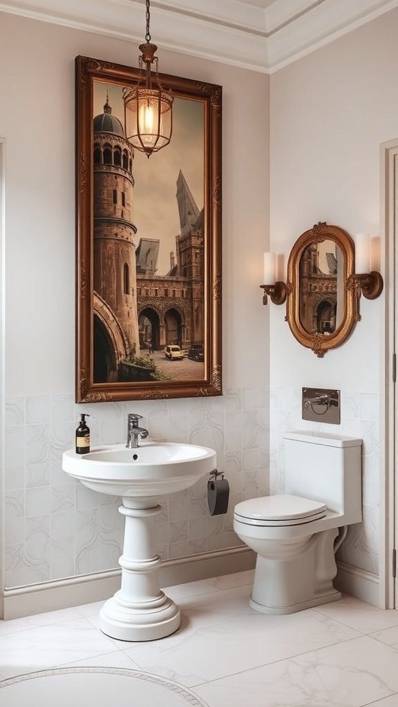 A bathroom featuring a castle mural on the wall, a clawfoot tub, and a warm, inviting atmosphere.
