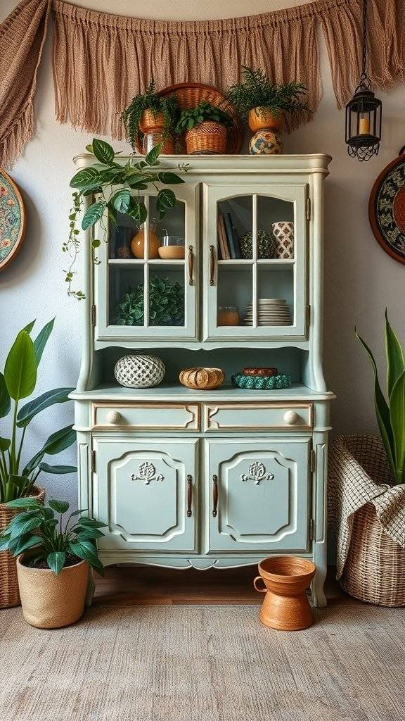 A hand painted statement cabinet surrounded by plants and decorative items, showcasing a chic bohemian style.