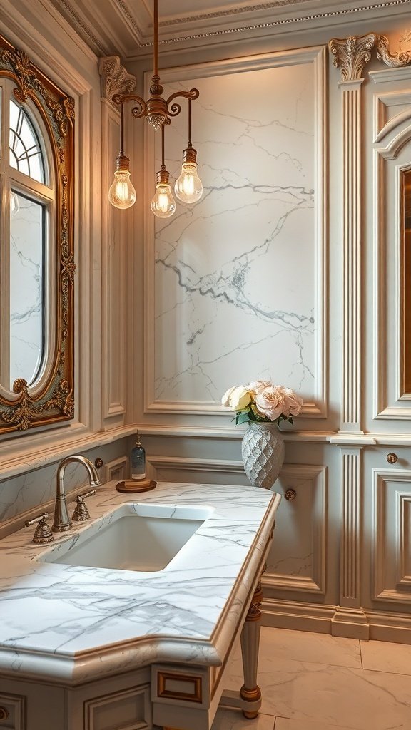 A luxurious bathroom featuring marble countertops, ornate mirrors, and elegant lighting.