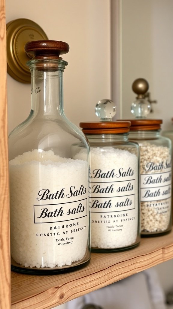Vintage apothecary jars filled with bath salts in a cozy bathroom setting.