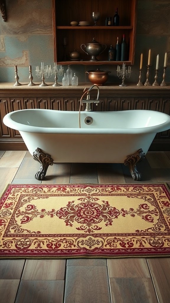 A vintage bath mat in front of a clawfoot tub, featuring intricate designs and warm colors.