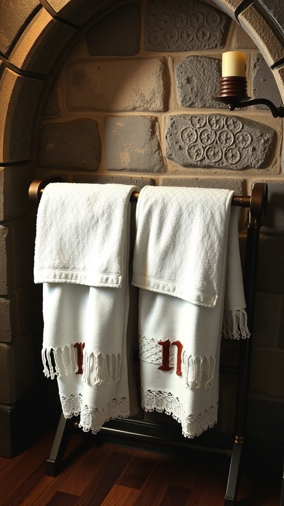 A stylish towel rack with white towels featuring lace trim and a monogram, set against stone walls and warm wooden flooring.