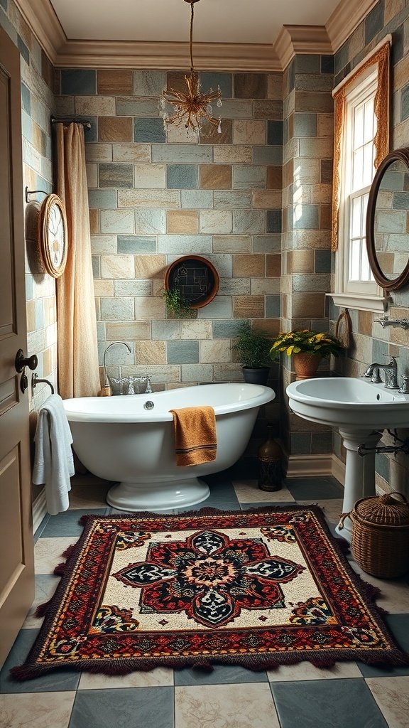 A stylish bathroom featuring a clawfoot tub, stone walls, and an ornate rug with intricate patterns.