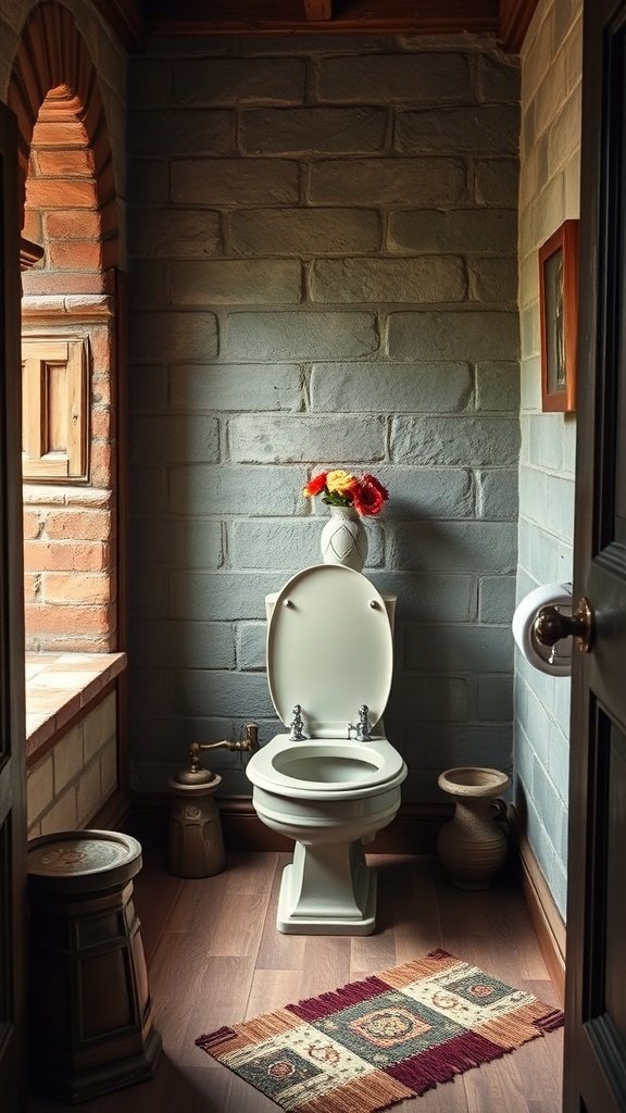 A vintage style toilet in a rustic bathroom with stone walls and a decorative rug.